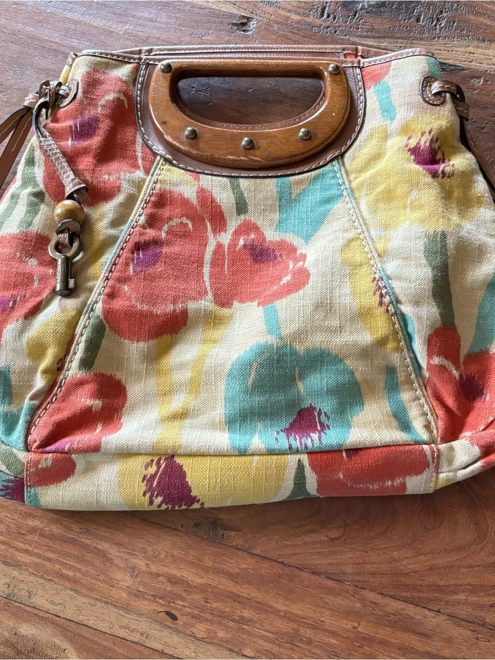 Vintage Fossil Floral Canvas Tote in Orange, Yellow & Teal with Wood Handle